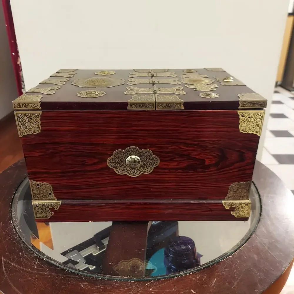 Antique c1920 Rosewood and Brass Chinese Mirror Box with Laquered Finish
